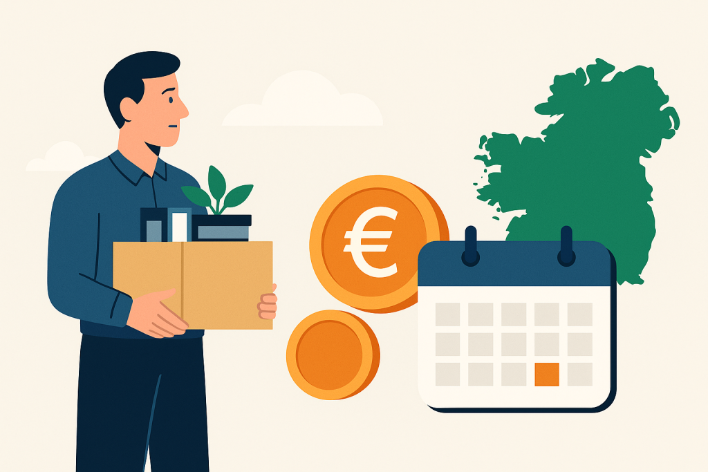 Flat illustration showing Ireland’s Single Pension Scheme with a man holding documents, euro coins, a calendar, and a green Ireland map.